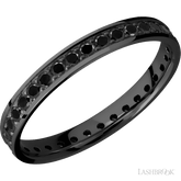 3 mm wide/Flat/Zirconium band with an Eternity arrangement of 03 carat Round Black Diamond stones in a Bead setting